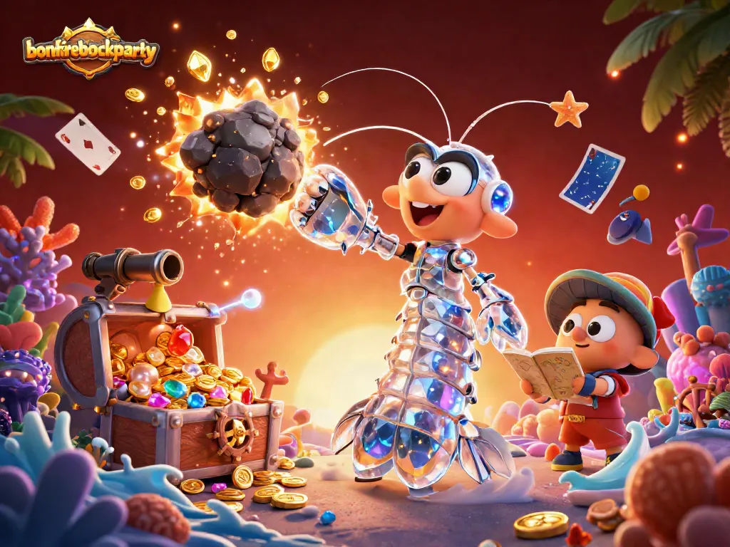 Engage with bonfireblockparty at this vibrant 3D scene featuring gambling treasures and dynamic characters.