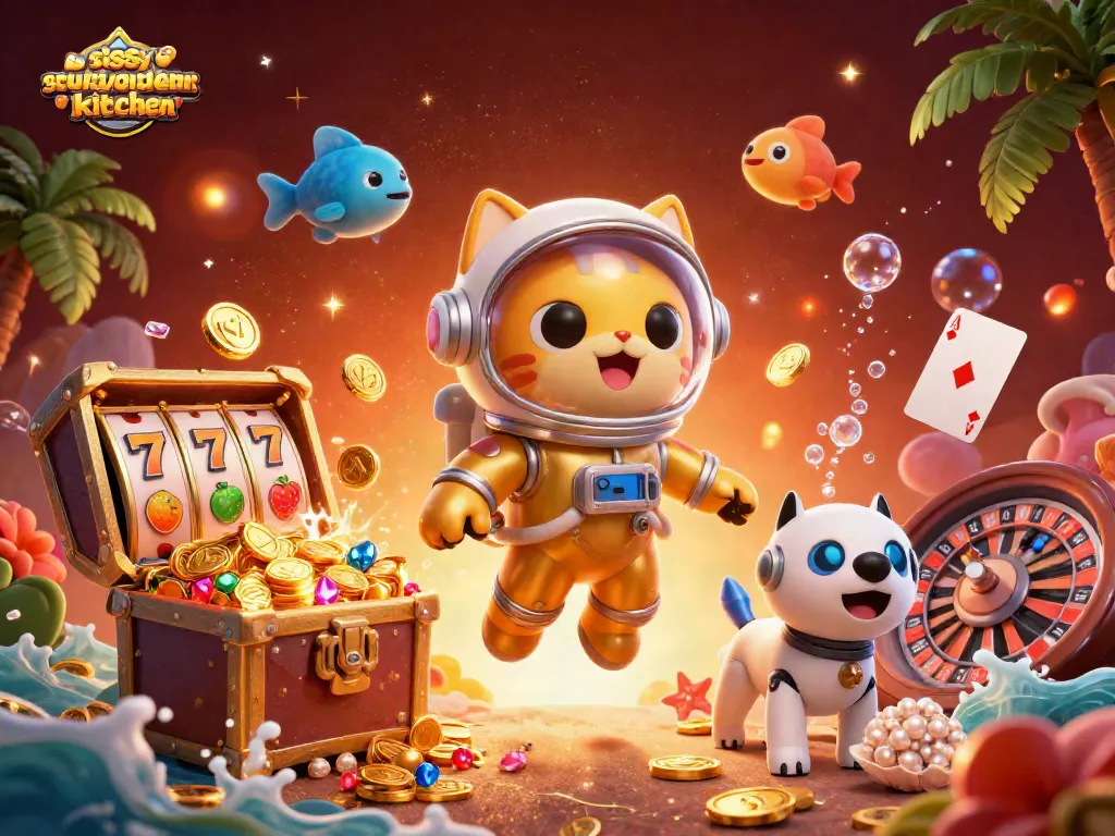 Sissyssouthernkitchen showcases a cat astronaut and robot dog winning in a vibrant casino scene.