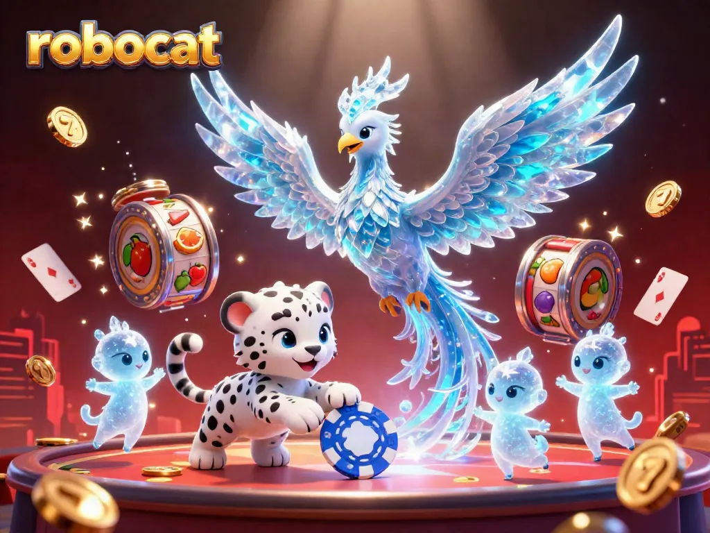 Experience excitement with Robocat as colorful slot reels explode with prizes and playful characters in a vibrant casino.