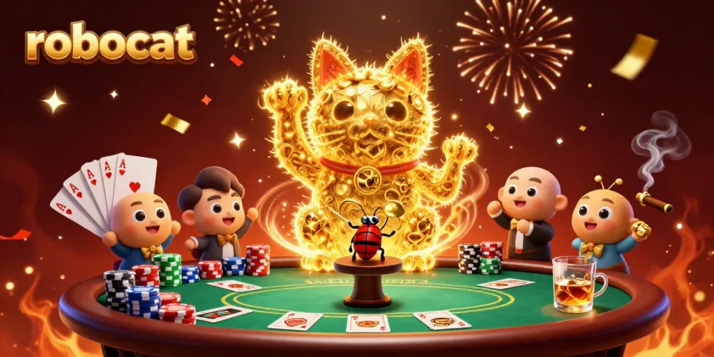 Experience the excitement of robocat gaming with a vibrant scene of winning symbols and casino atmosphere.