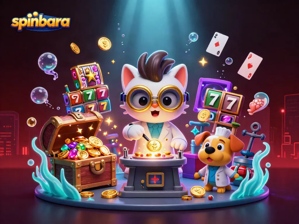 Spinbara Casino scene with a mad scientist cat creating coins amidst slots and gold treasures.